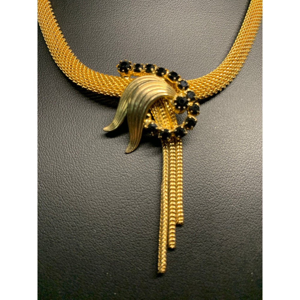 Vintage Gold Tone Mesh Collar Necklace Black Rhinestone Tassel Statement 19.72g